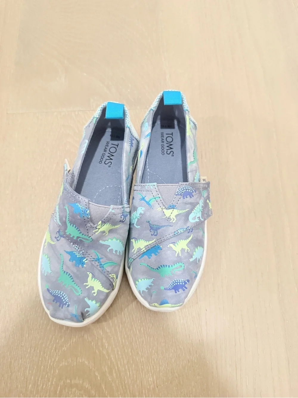 TOMS Kids Grey Slip-On Sneakers with Blue & Green Dinosaur Print